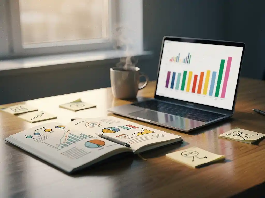 Bureau van een data-analist met notitieboek vol handgetekende grafieken, dampende koffie en laptop met kleurrijke staafdiagrammen in warm ochtendlicht.