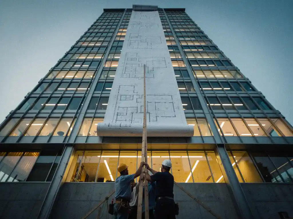 Glazen kantoorgebouw van onderaf gefotografeerd, met een architect's blauwdruk die ontrolt terwijl bouwvakkers steigers omhoogduwen.