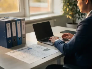Ambtenaar bekijkt beleidsmappen, laptop en werkstroomdiagram op een overzichtelijk gemeentelijk bureau in middaglicht.