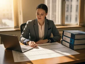 Ambtenaar bestudeert een grote evaluatiematrix op een overheidskantoor, met laptop en beleidsmappen op het bureau.
