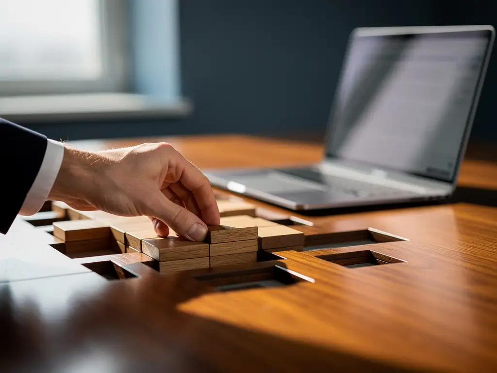 Ambtenaar plaatst houten modulaire blokken in passende sleuven op een overheidsbureau, met laptop op de achtergrond.
