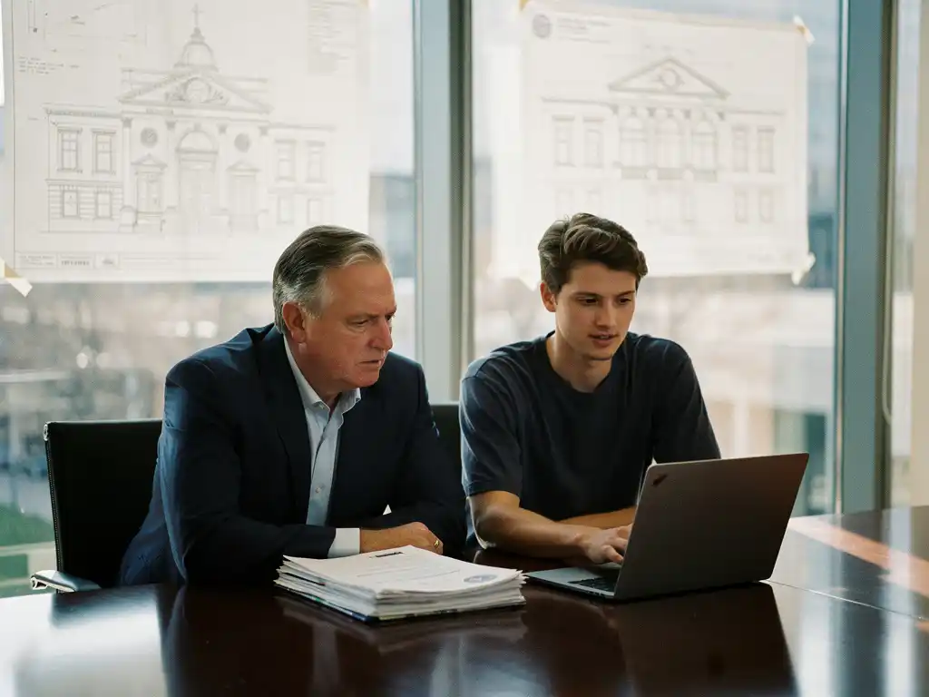Ambtenaar en softwareontwikkelaar bekijken gemeentelijke documenten en laptop op vergadertafel, architectuurtekeningen zichtbaar door ramen op de achtergrond.