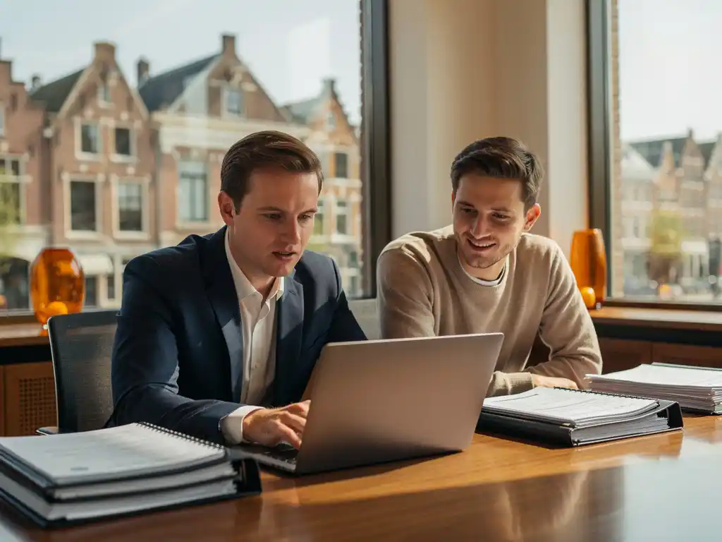 Gemeenteambtenaar en softwareontwikkelaar bekijken samen een laptop op een overheidskantoor met uitzicht op een Nederlandse stad.