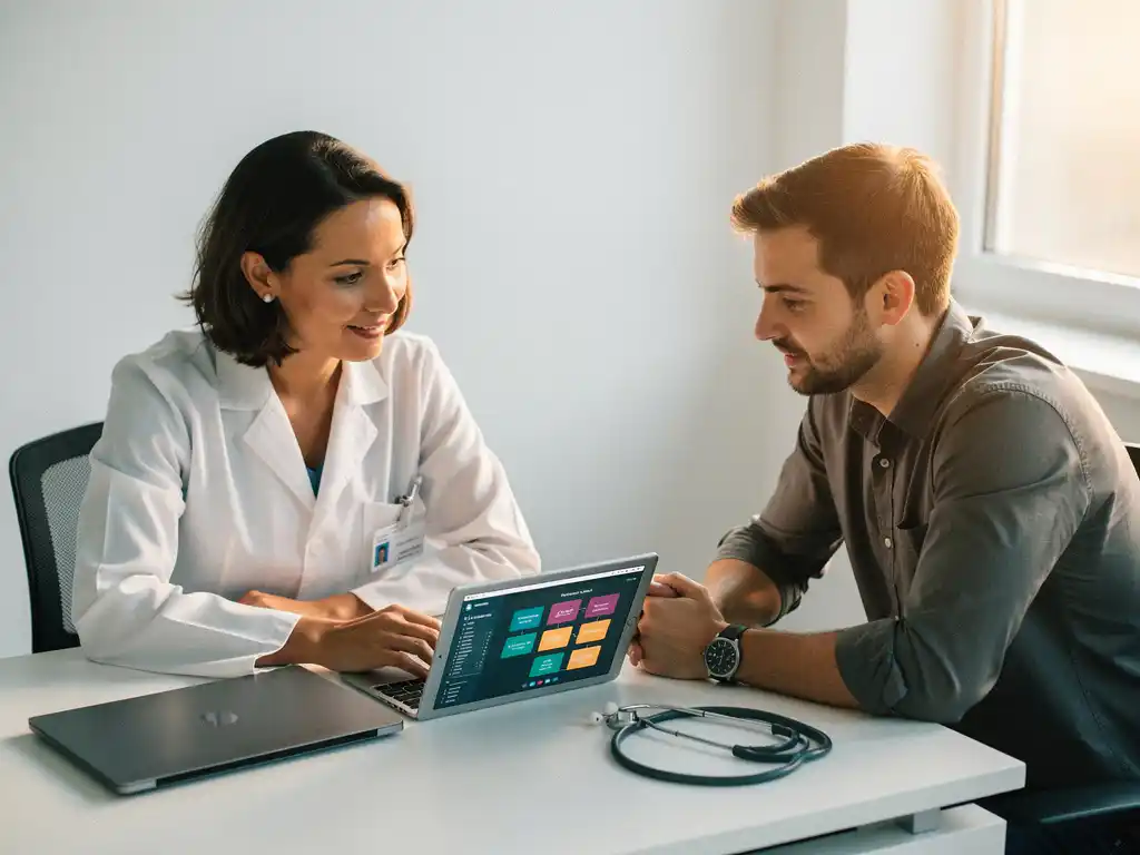 Arts en softwareontwikkelaar bekijken samen patiëntworkflowdata op een tablet aan een klinisch bureau, met stethoscoop en laptop.