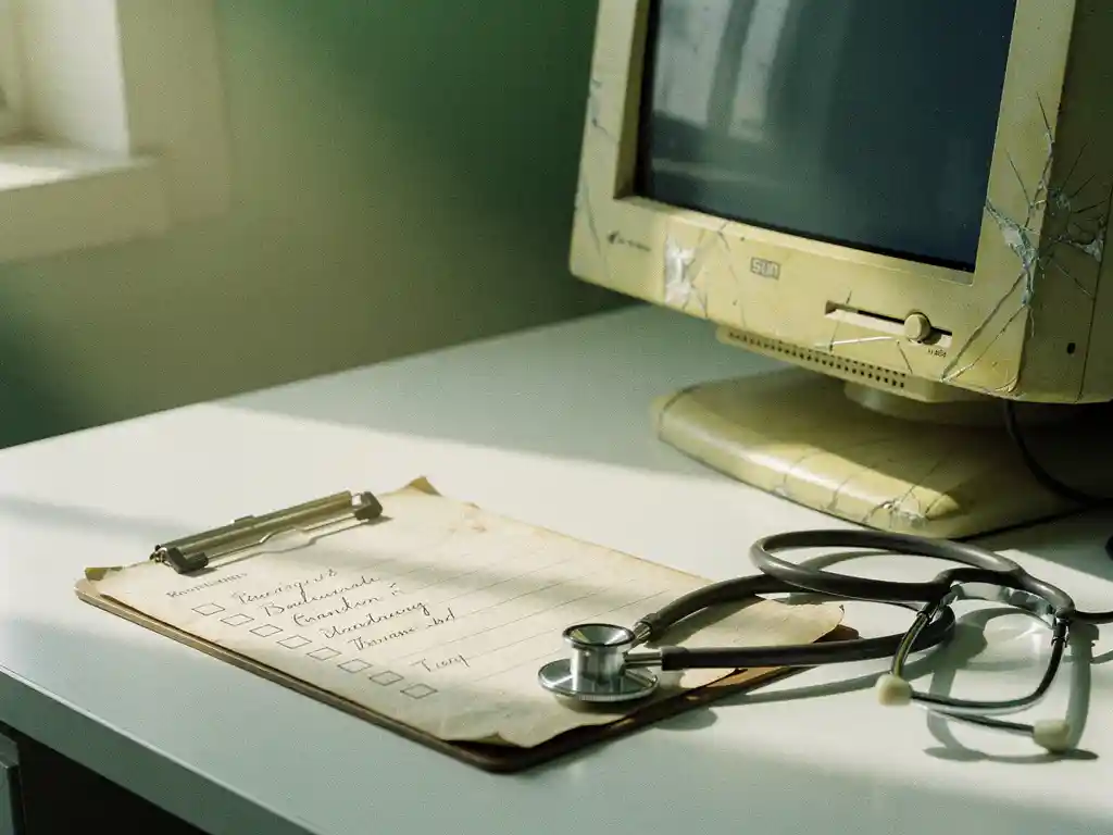 Verouderde desktop computer met stethoscoop en handgeschreven checklist op klembord op klinisch wit bureau.