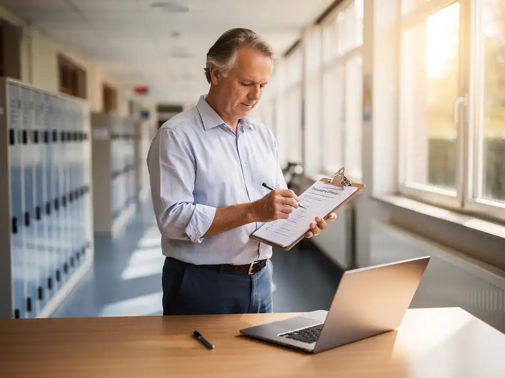 Professional bekijkt checklist op klembord naast laptop op houten bureau in lichte Nederlandse schoolgang met kluisjes op achtergrond.