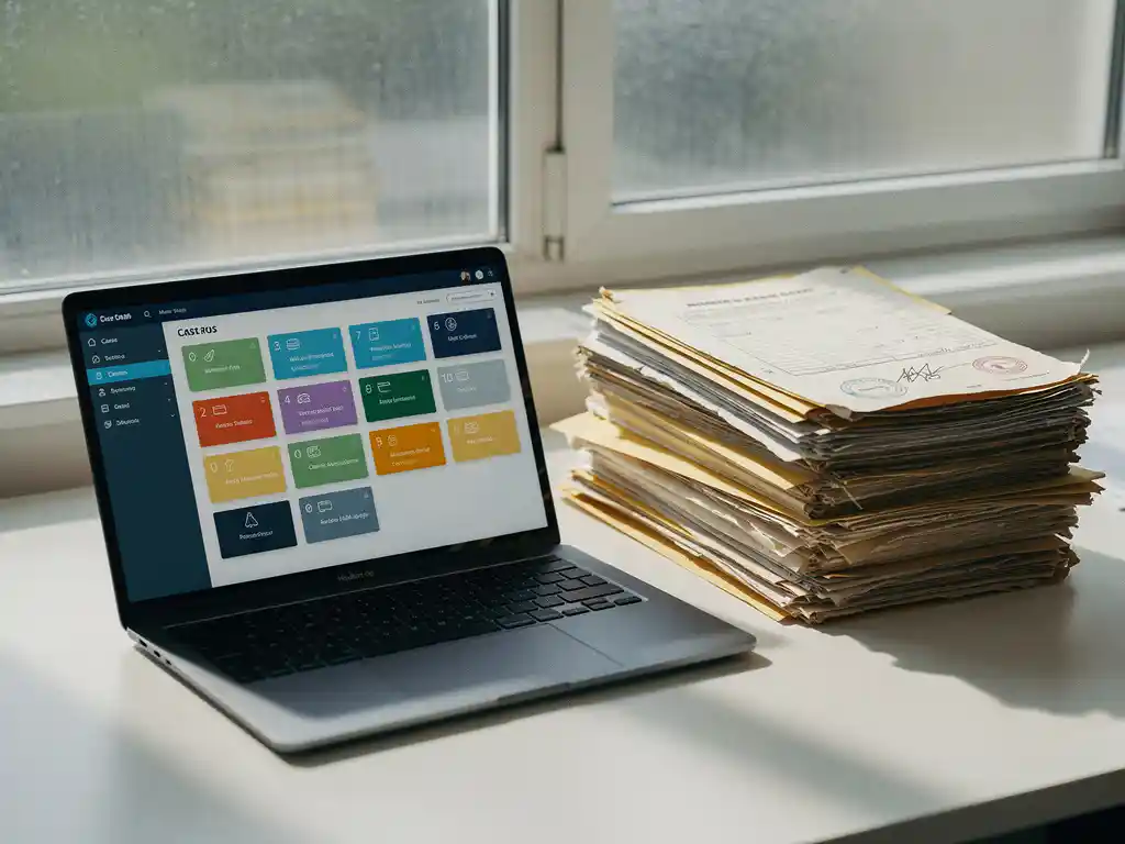 Laptop met digitaal dossierdashboard naast stapel vergeelde gemeentelijke papieren mappen op een gemeentelijk bureau.