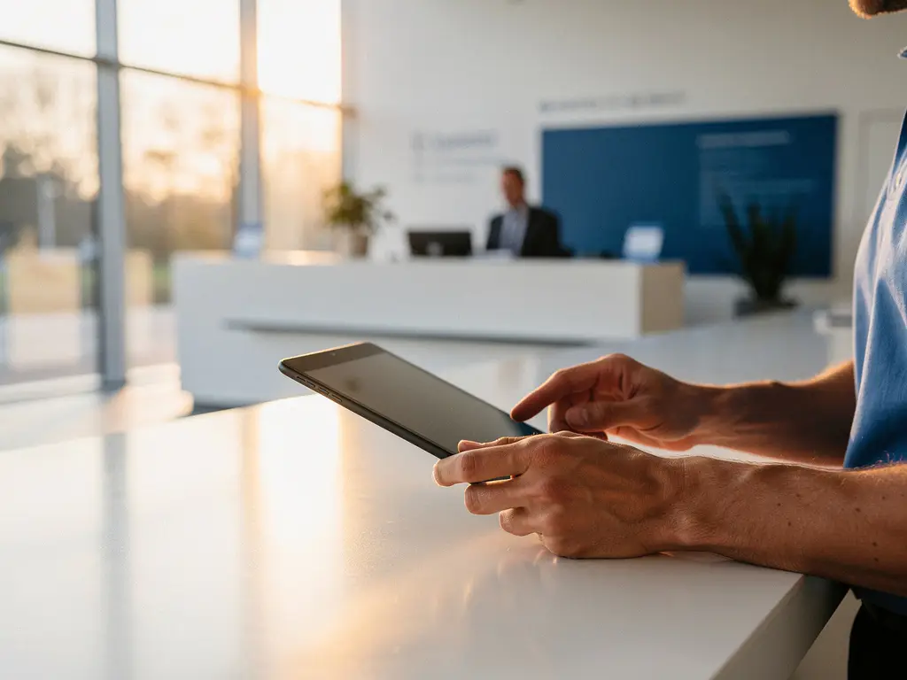 Bewoner vult digitaal formulier in op tablet aan gemeentebalie, modern stadhuis met witte muren en grote ramen op achtergrond.