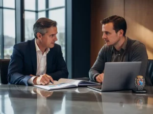 Gemeenteambtenaar en softwareontwikkelaar bespreken projectvoorstel aan vergadertafel met laptop, officiële documenten en gemeentelijk zegel.