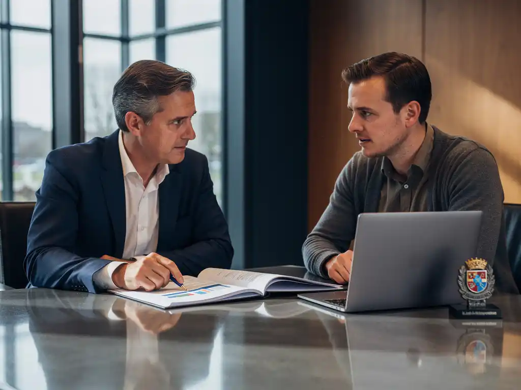 Gemeenteambtenaar en softwareontwikkelaar bespreken projectvoorstel aan vergadertafel met laptop, officiële documenten en gemeentelijk zegel.