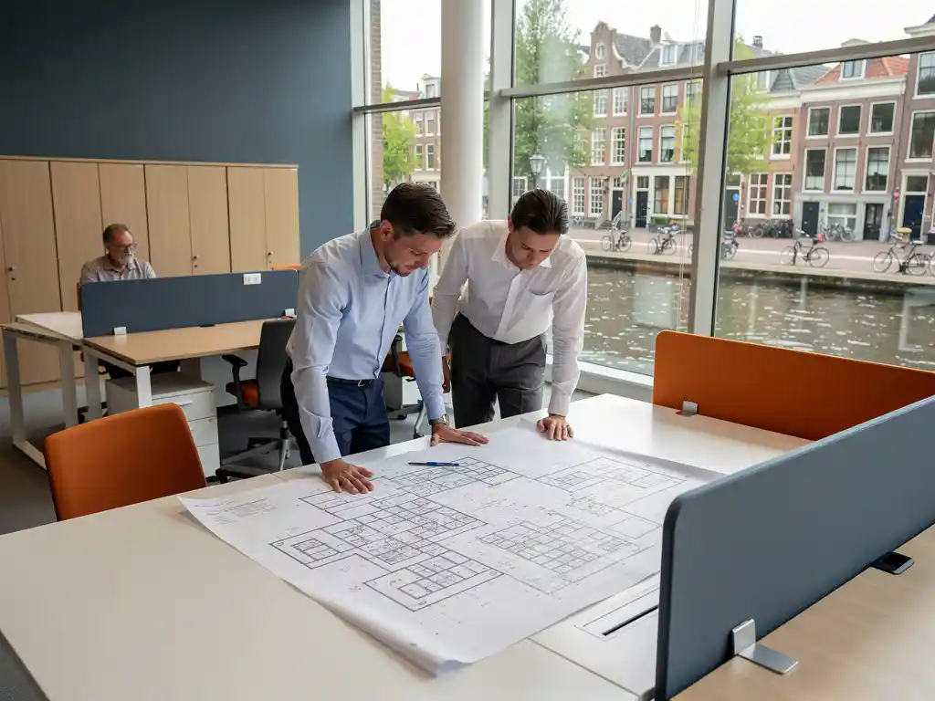 Ontwikkelaar en ambtenaar overleggen over modulaire data-infrastructuur blauwdrukken in modern gemeentekantoor met uitzicht op Nederlandse stad.