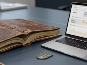 Versleten leren gemeentelijk regelgevingsmap opengeslagen op een overheidsbureau, met laptop en gemeentelijk zegel ernaast.