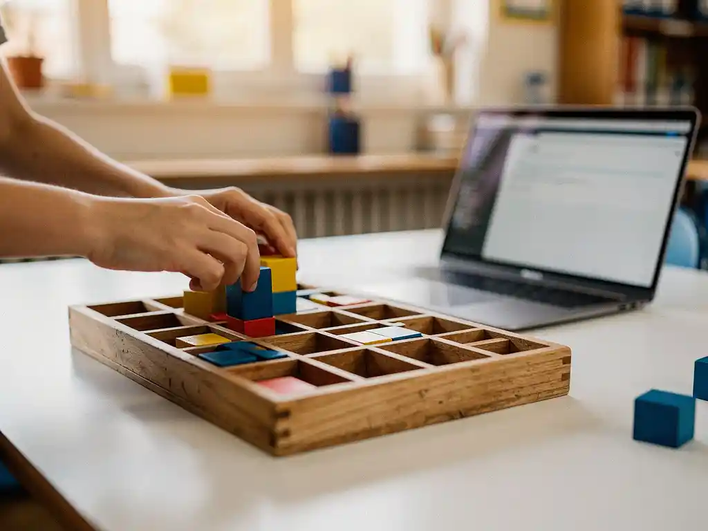 Leraarshanden die kleurrijke houten blokken in een op maat gemaakte houten lade schikken op een schoolbureau, met een laptop op de achtergrond.