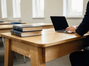 Houten schoolbank met open laptop naast gestapelde studieboeken, leraarhand op het bureau, warm daglicht door hoge ramen.