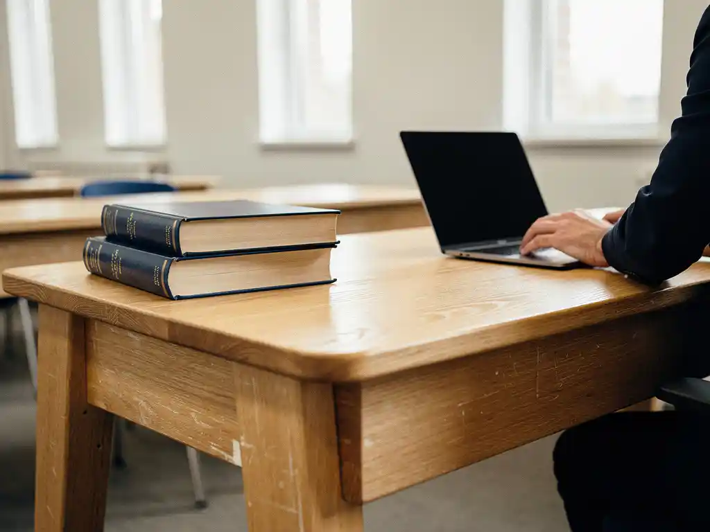 Houten schoolbank met open laptop naast gestapelde studieboeken, leraarhand op het bureau, warm daglicht door hoge ramen.