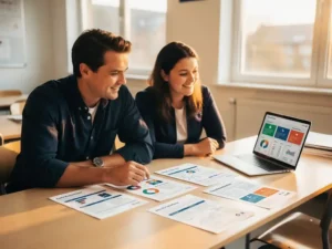 IT-consultant en schoolbeheerder bekijken samen software-evaluatiedocumenten aan een houten bureau met laptop open.