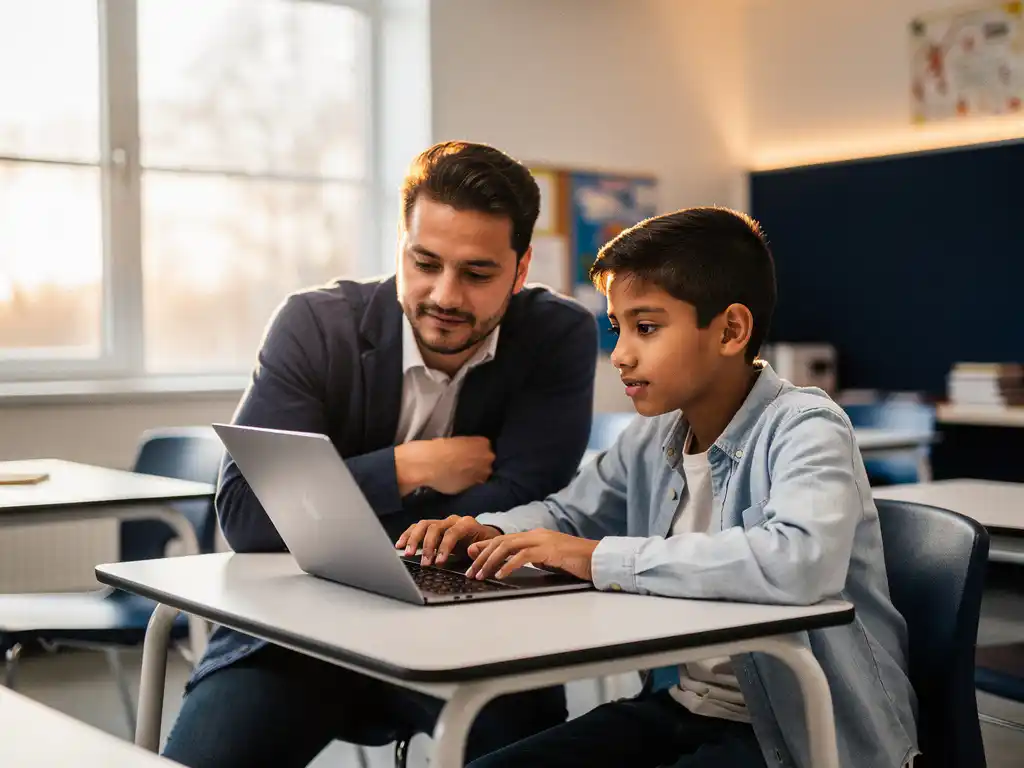 IT-professional helpt leerling bij laptop op schoolbureau in moderne klas met warm natuurlijk licht.