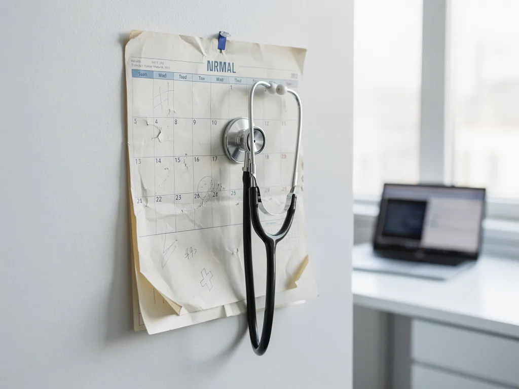 Verouderde papieren kalender met stethoscoop op klinische muur, laptop op achtergrond symboliseert digitale zorgplanning.