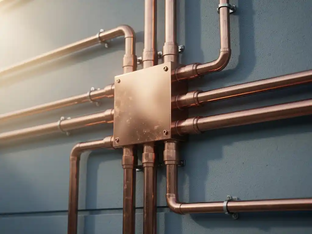 Koperen leidingen die samenkomen in een gepolijst verbindingspaneel op een gemeentelijk gebouw, symbool voor software-integratie.