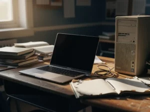 Laptop verbonden via kabel met een oude desktopcomputer op een schoolbureau, omringd door notitieboeken en een agenda in warm middaglicht.