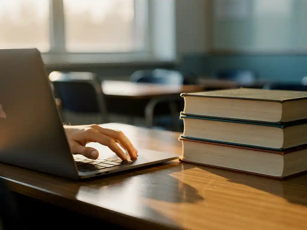Studentenhand op laptop naast gestapelde schoolboeken op houten bureau, warm ochtendlicht vanuit klaslokaalraam.