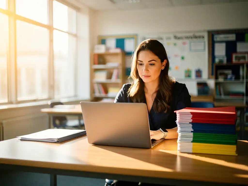 Lerares werkt op laptop aan houten bureau met kleurgecodeerde studentenmappen in modern, licht klaslokaal.