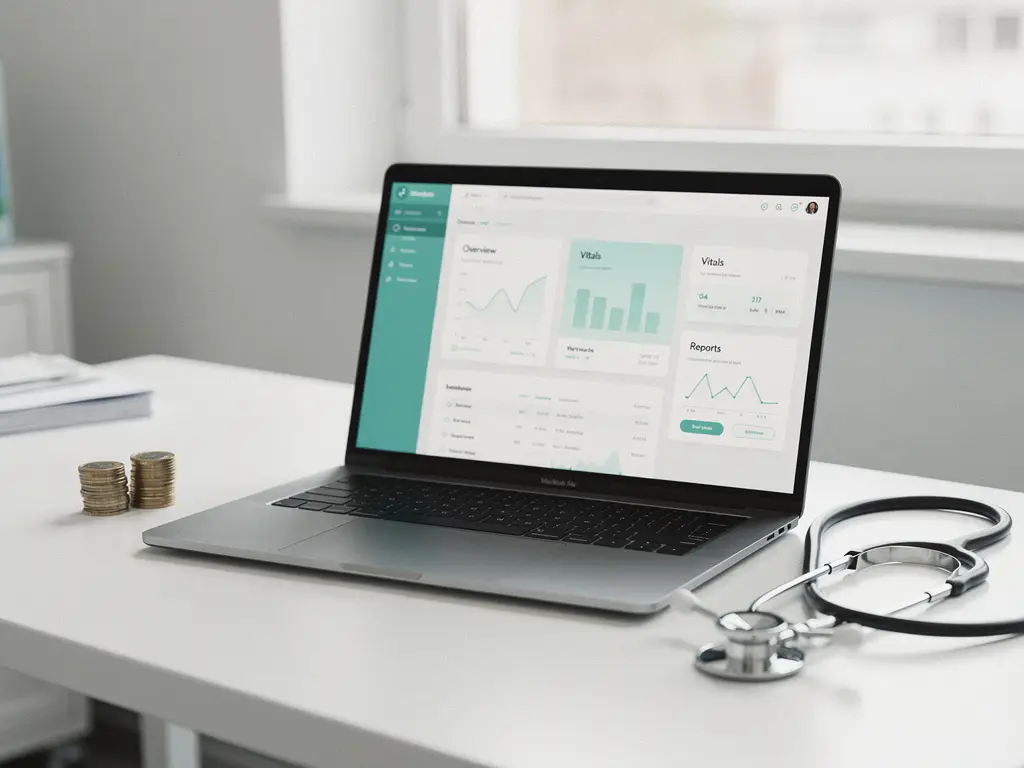 Laptop met medisch dashboard wireframe op wit bureau, stethoscoop en euromunten ernaast, zachte teal tinten, professionele sfeer.
