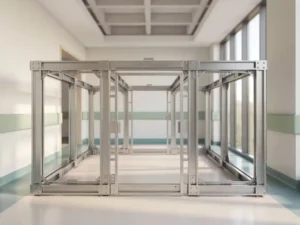 Modulaire stalen ziekenhuisstructuur met uitbreidende vleugels in een lichte zorgcorridor met daglicht en staalblauwe tinten.