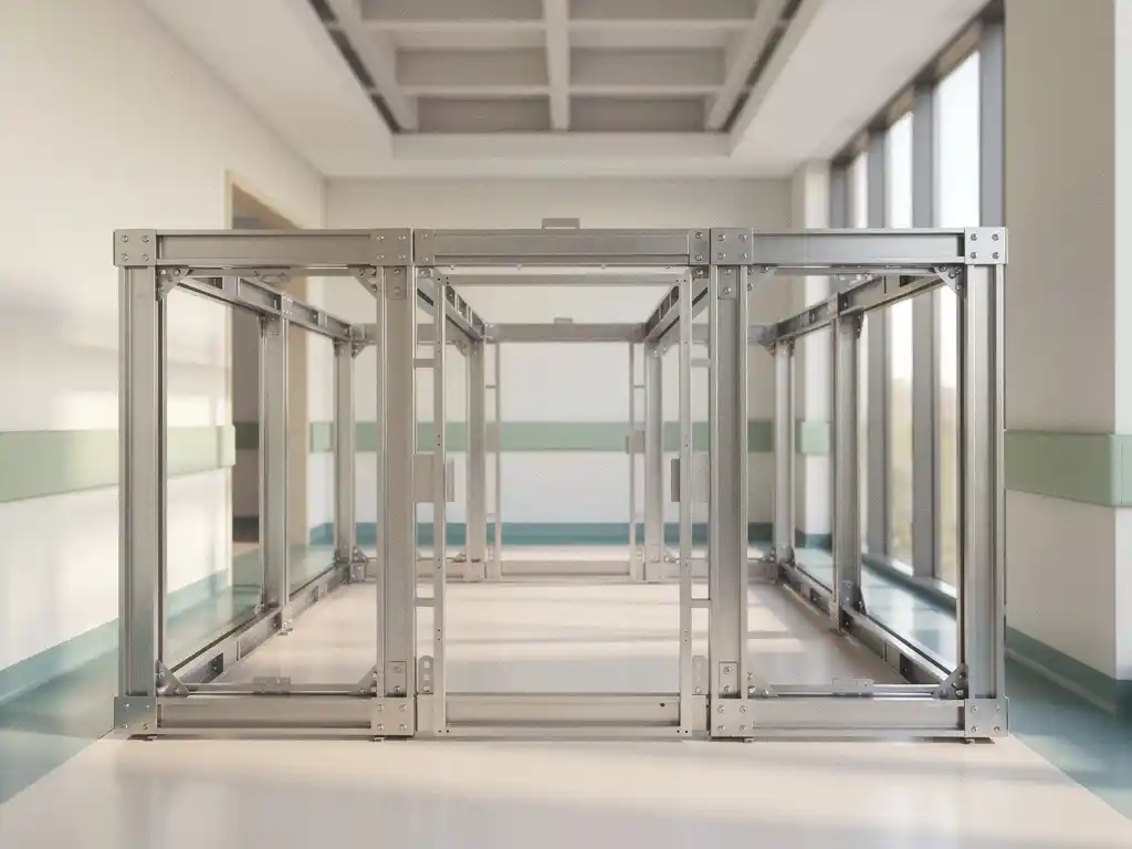 Modulaire stalen ziekenhuisstructuur met uitbreidende vleugels in een lichte zorgcorridor met daglicht en staalblauwe tinten.