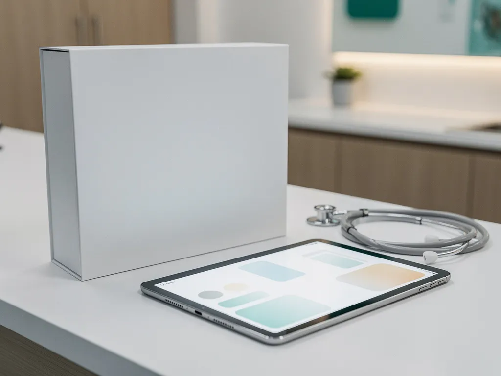 Generieke medische software-doos naast een tablet met maatwerk zorgworkflow op een klinische receptiebalie, met stethoscoop erbij.
