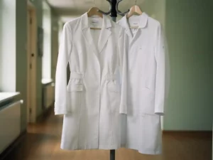 Op maat gemaakte witte doktersjas naast een standaard confectietas op een klinische kapstok in een Nederlandse ziekenhuisgang.
