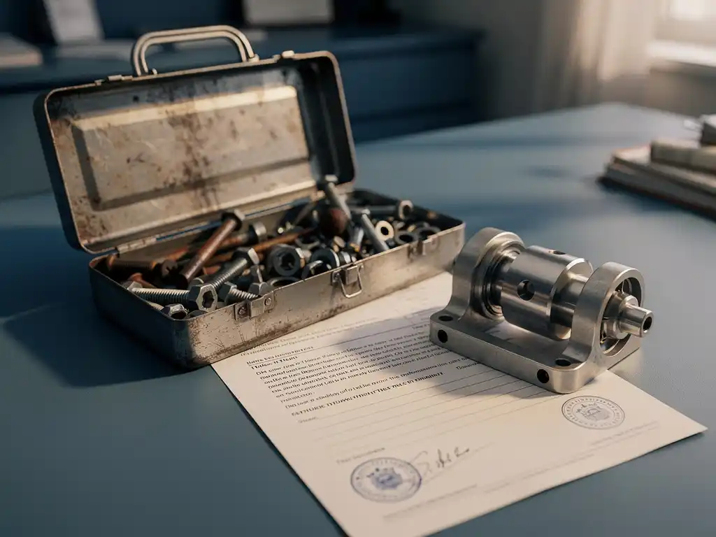 Gedeelde gereedschapskist met versleten onderdelen naast op maat gemaakt mechanisch onderdeel op officiële overheidsdocumenten.