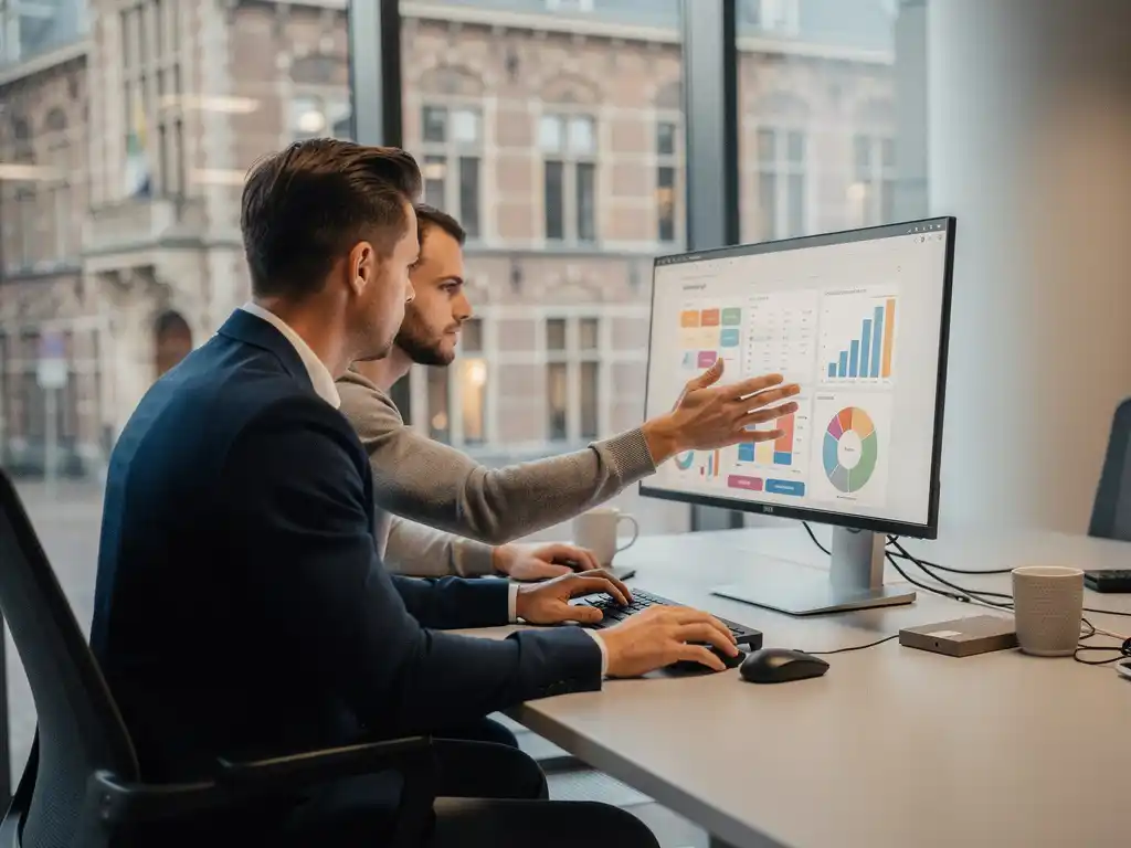 Ambtenaar en softwareontwikkelaar bekijken samen een datadashboard op een moderne werkplek, met een Nederlands gemeentehuis op de achtergrond.