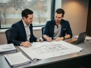 Overheidsmedewerker en softwareontwikkelaar bekijken architectuurtekeningen van een gemeentelijk gebouw aan een modern bureau.