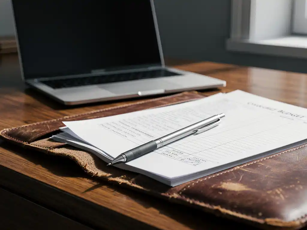 Versleten leren begrotingsmap open op eikenhouten bureau met officiële documenten, laptop en handgeschreven kostenramingen.