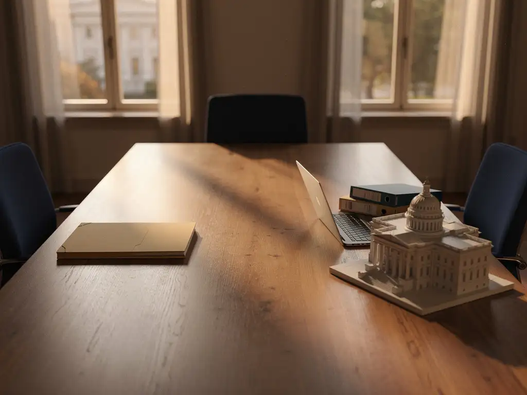 Eiken vergadertafel met twee tegenover elkaar geplaatste stoelen, een manilla map aan één kant en een laptop met projectmappen en architectuurmodel aan de andere.