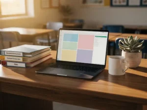 Schooladministrateur bureau met laptop met spreadsheets, leerlingdossiers, koffiemok en succulent in warm middaglicht.