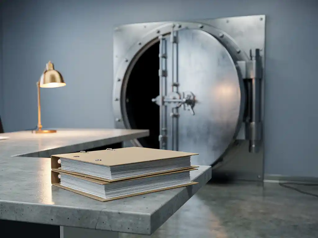 Zware stalen kluisdeur op een kier in modern overheidsgebouw, geclassificeerde mappen op betonnen bureau verlicht door amber lamp.