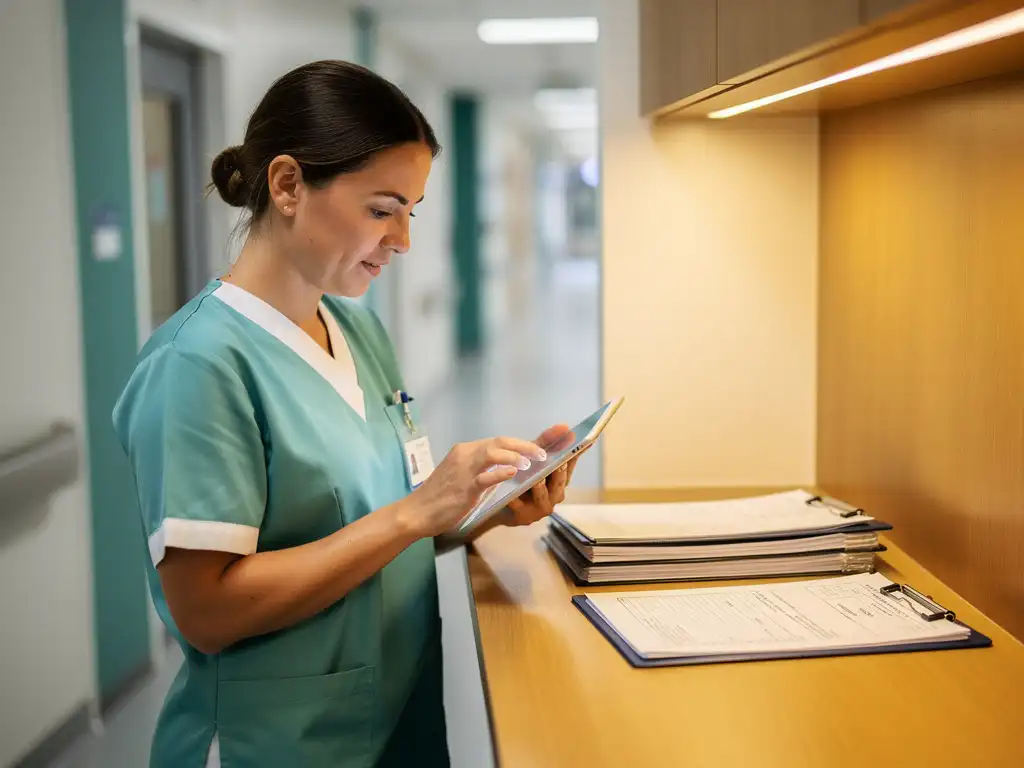 Verpleegkundige raadpleegt digitaal tablet aan verpleegpost met georganiseerde patiëntendossiers en rustige ziekenhuisgang op achtergrond.
