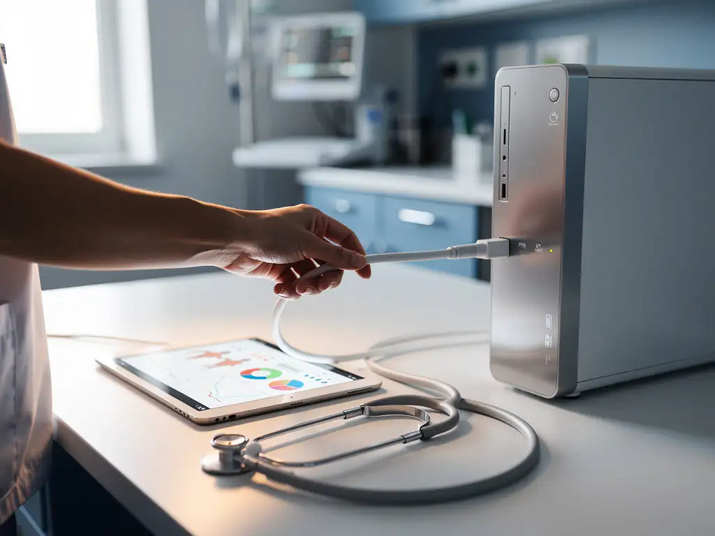 Verpleegkundige hand die een kabel aansluit op een klinisch werkstation, met tablet met patiëntdata en stethoscoop op het bureau.