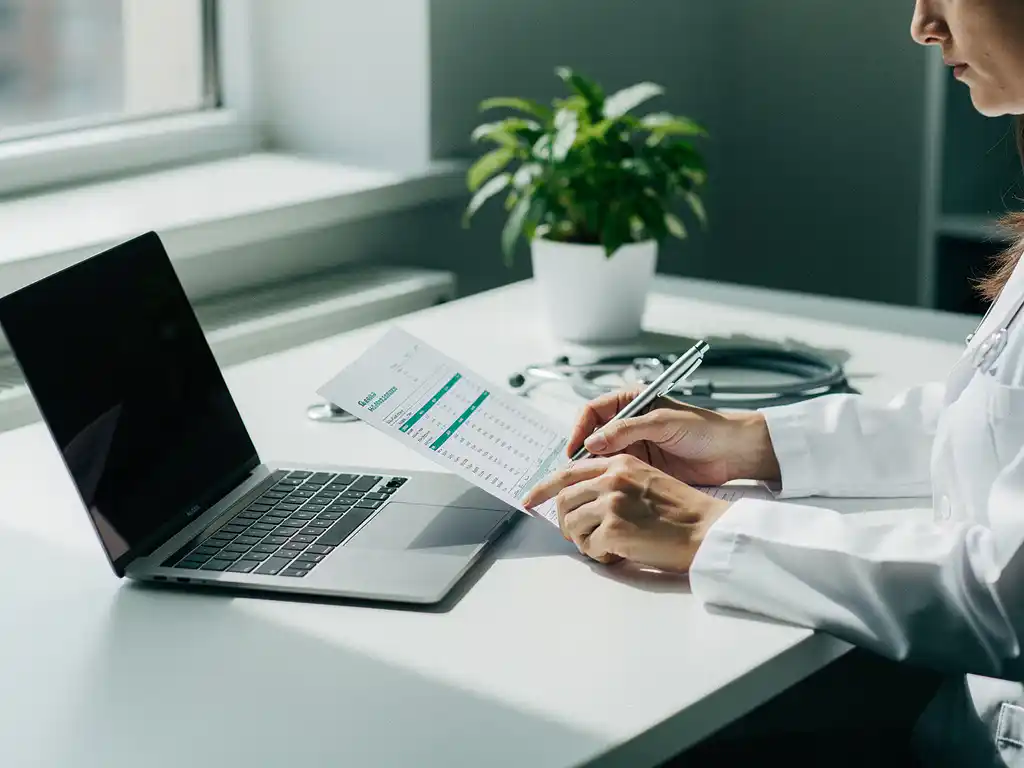 Zorgadministrateur bestudeert budgetdocument naast laptop op klinisch bureau, met stethoscoop en plant in zacht natuurlijk licht.