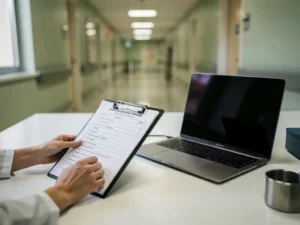 Zorgadministrateur controleert checklist op klembord naast laptop op wit bureau, met ziekenhuisgang op de achtergrond.