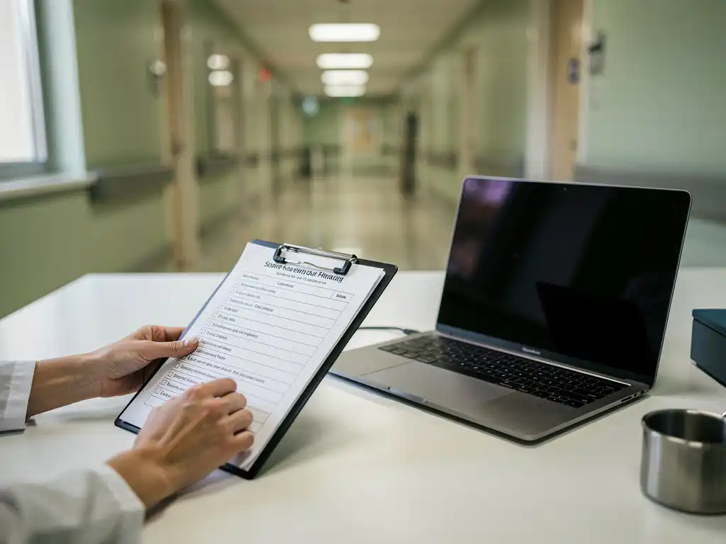 Zorgadministrateur controleert checklist op klembord naast laptop op wit bureau, met ziekenhuisgang op de achtergrond.