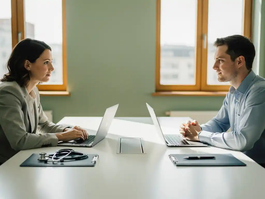 Zorgmanager en IT-consultant in overleg aan vergadertafel met laptop, stethoscoop en notitieboek in klinische omgeving.