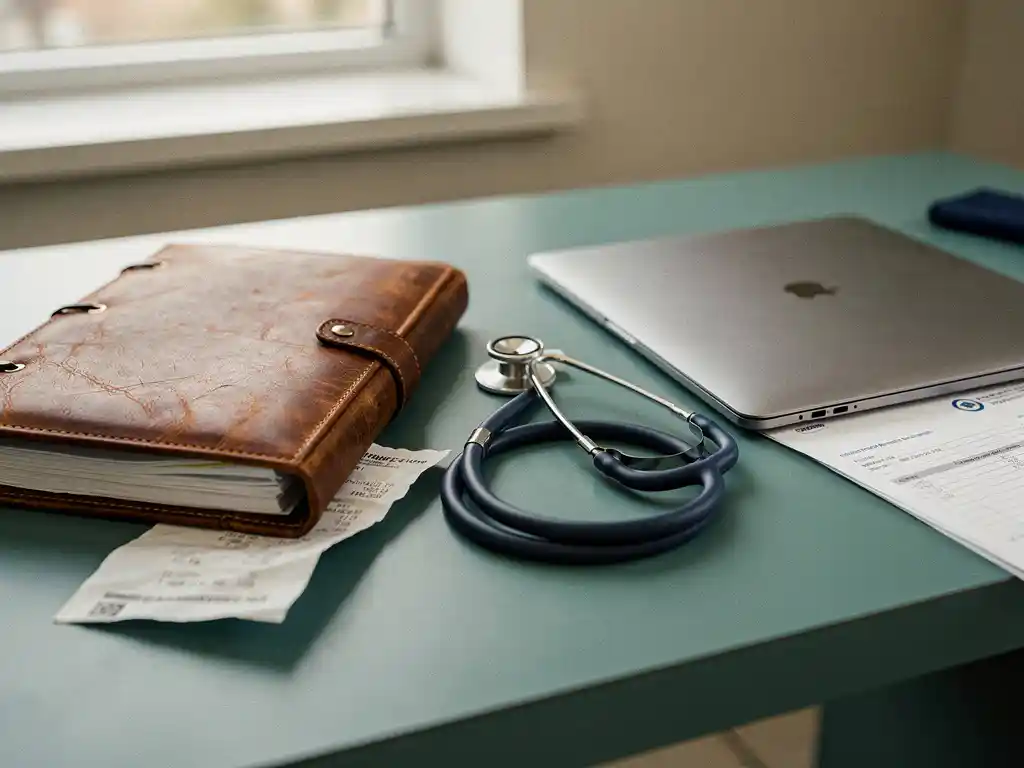 Versleten leren zorgmap en laptop op klinisch bureau, met stethoscoop, bonnetjes en planningsdocumenten in zacht daglicht.