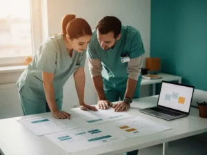 Zorgmedewerker in scrubs en softwareontwikkelaar bestuderen samen workflowdiagrammen aan een bureau met laptop.