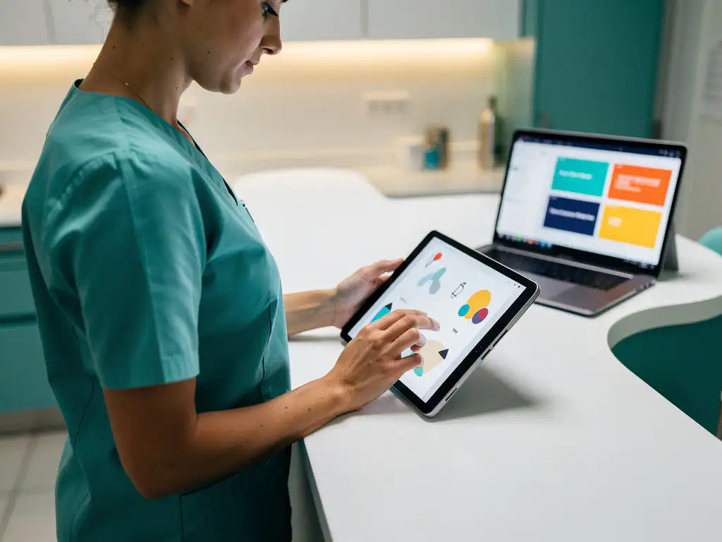 Verpleegkundige in scrubs bekijkt een aangepaste tablet-interface aan het verpleegpost, met een laptop van een ontwikkelaar op de achtergrond.