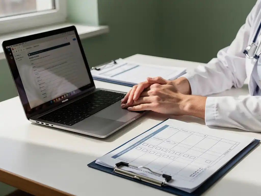 Handen van een zorgprofessional op een klinisch bureau met laptop, patiëntendossier en medicatieschema in zacht natuurlijk licht.