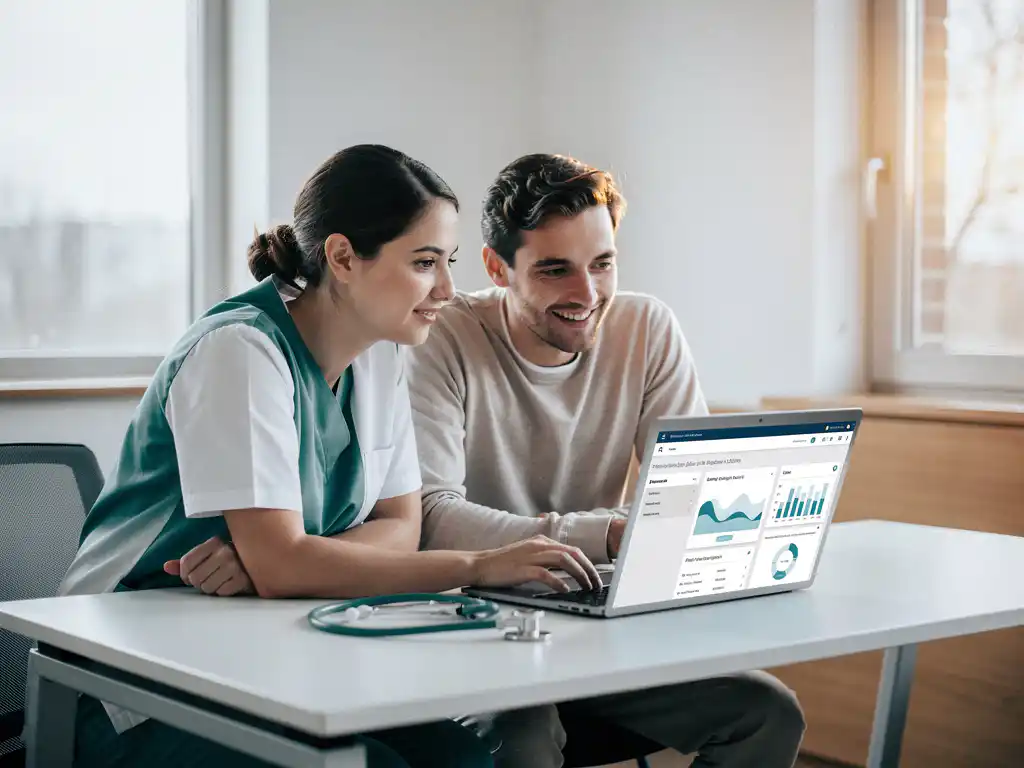 Zorgprofessional en softwareontwikkelaar bekijken samen een datadashboard op laptop in modern Nederlands zorgkantoor.