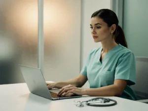 Zorgprofessional in scrubs met hand op laptop aan klinisch bureau, stethoscoop op de voorgrond, kalme uitdrukking, zacht teallicht.